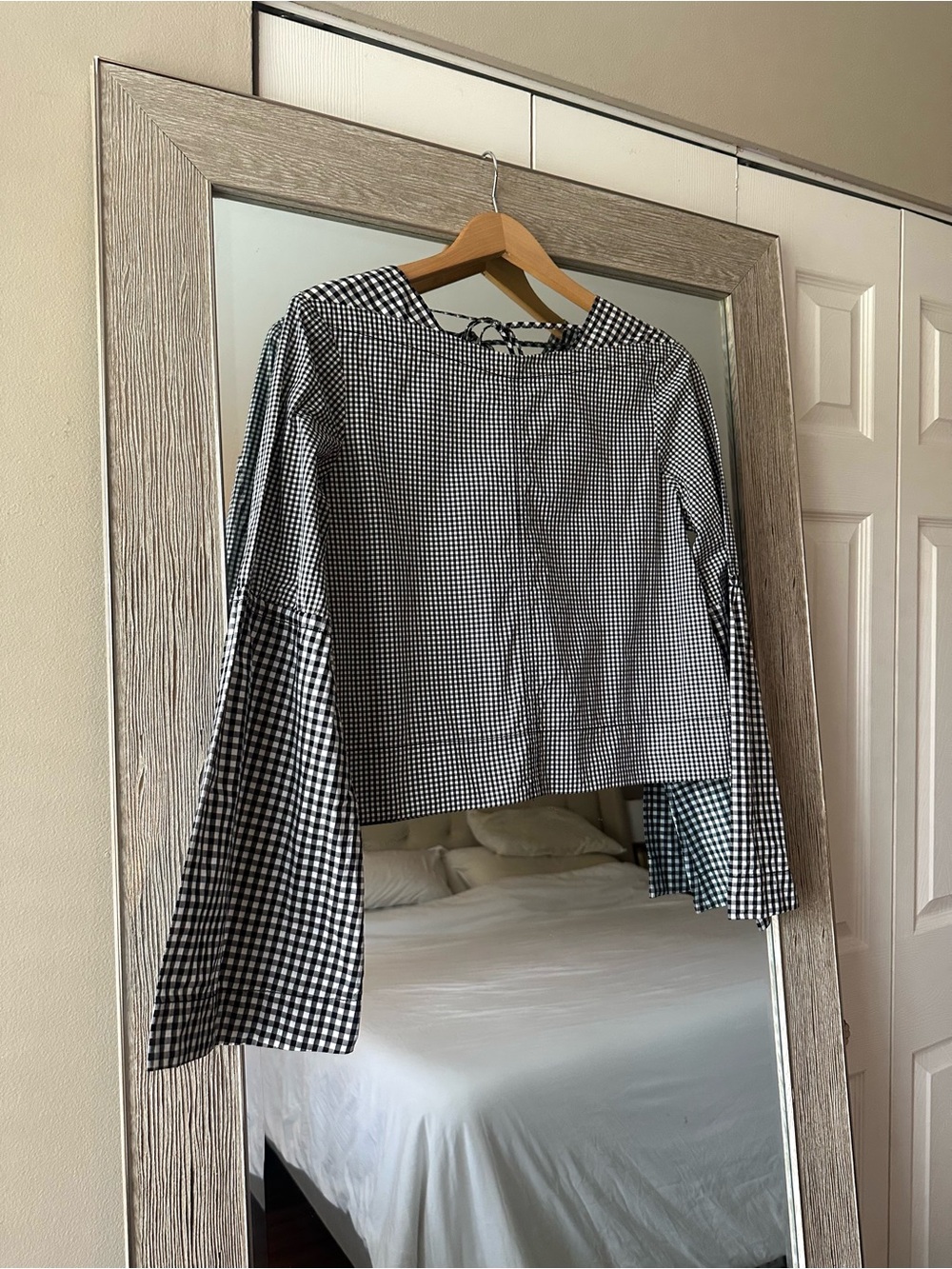 Derek Lam 10 Crosby Black White Gingham Round Neck Bell Sleeve Tie Blouse Size 6